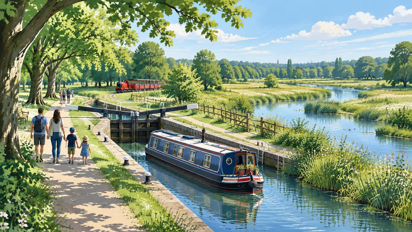 Artist's impression of the Grand Union Canal lock in Cassiobury Park, Watford, with a narrowboat, walkers and the miniature railway